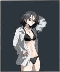  1girl bags_under_eyes black_bra black_panties border bra breasts cigarette closed_mouth collared_shirt cowboy_shot earrings gogalking grey_hair grey_sclera grey_shirt hand_on_hip hand_up highres hoop_earrings jewelry jitome lender_gregory_(gogalking) long_sleeves looking_at_viewer medium_breasts medium_hair messy_hair mouth_hold navel necklace open_clothes open_shirt orange_eyes original panties shirt smoke solo symbol_commentary underwear underwear_only white_border wing_collar 