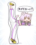  1girl ahoge animal_ears blush cat_ears cat_girl cat_tail chibi chin_rest emphasis_lines hololive looking_at_viewer matarou_(matarou072) nekomata_okayu pink_hair purple_hair simple_background solo split standing standing_on_one_leg standing_split tail translation_request violet_eyes virtual_youtuber white_background 