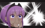  1girl bangs blush covered_mouth dark_skin eyebrows_visible_through_hair fate/prototype fate/prototype:_fragments_of_blue_and_silver fate_(series) hair_between_eyes hands_up hassan_of_serenity_(fate) head highres i.u.y letterboxed purple_hair solo sweat violet_eyes 