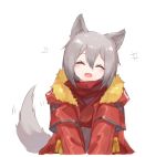  :d ^_^ animal_ears arknights closed_eyes commentary eyebrows_visible_through_hair fangs fur-trimmed_hood fur-trimmed_jacket fur_trim grey_hair happy hood jacket light_blush nejikyuu open_mouth projekt_red_(arknights) red_jacket short_hair simple_background smile tail white_background wolf_ears wolf_tail 