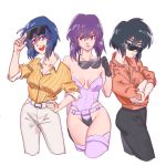  3girls bare_shoulders black_gloves black_hair black_pants blue_hair breasts breasts_apart collared_shirt cowboy_shot eyewear_on_head eyewear_removed ghost_in_the_shell ghost_in_the_shell_stand_alone_complex gloves hair_between_eyes hand_on_hip highleg highleg_leotard highres jinhongxiu97 kusanagi_motoko leotard medium_breasts multiple_girls pants purple_hair red_eyes shirt simple_background sleeves_rolled_up sunglasses thigh-highs violet_eyes white_background white_eyes white_pants yellow_shirt 