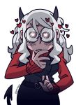  artist_name belt black_horns blush close-up demon_girl demon_horns demon_tail glasses glowing glowing_eyes hand_to_own_mouth heart heart-shaped_pupils heart_belt helltaker horns kiyovero modeus_(helltaker) symbol-shaped_pupils tail white_hair 