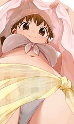  1girl bikini breasts brown_eyes brown_hair commentary_request cowboy_shot dress from_below highres hiroki_(yyqw7151) looking_at_viewer medium_breasts pink_dress sarong simple_background solo swimsuit taneshima_popura under_boob upshirt white_background white_bikini working!! yellow_sarong 