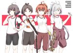  4girls ahoge arashi_(kantai_collection) asashimo_(kantai_collection) ayanami_(kantai_collection) bangs bike_shorts black_shorts blunt_bangs book brown_eyes brown_hair character_name commentary_request cowboy_shot flat_chest grey_eyes gym_uniform hair_over_one_eye instrument jumpsuit_around_waist kantai_collection kishinami_(kantai_collection) long_hair multiple_girls pants ponytail red_eyes red_jumpsuit red_pants redhead sharp_teeth shirt short_hair shorts silver_hair souji t-shirt teeth track_pants trumpet two-tone_background wavy_hair white_background white_shirt 