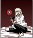  1girl barefoot black_pants blonde_hair braid bright_pupils cellphone d: french_braid gogalking grey_hair highres holding holding_phone junior_(gogalking) on_bed open_mouth original pants phone pillow playing_games shirt short_sleeves sitting smartphone solo sweat white_pupils white_shirt wide-eyed yellow_eyes 