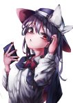  1girl absurdres bangs black_hair black_headwear bow bowtie collared_shirt hair_between_eyes hat hat_bow highres holding holding_phone long_sleeves looking_at_viewer murayo nail_polish parted_lips phone red_bow red_eyes shirt simple_background solo touhou upper_body usami_renko white_background white_bow white_shirt 
