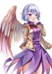  1girl absurdres arm_behind_back bangs beige_jacket blush bow bowtie cowboy_shot dress eyebrows_visible_through_hair feathered_wings hand_on_own_face highres jacket kishin_sagume koizumo long_sleeves looking_at_viewer purple_dress red_eyes short_hair silver_hair simple_background single_wing solo standing touhou white_background wings 
