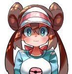  1girl blush bow brown_hair closed_mouth commentary_request double_bun green_eyes hyou_(hyouga617) long_hair looking_at_viewer pink_bow pokemon pokemon_(game) pokemon_bw2 raglan_sleeves rosa_(pokemon) shirt sidelocks smile solo twintails visor_cap 