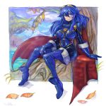  1girl blue_eyes blue_hair bodysuit breasts cape fire_emblem fire_emblem_awakening gloves highres large_breasts looking_to_the_side lucina lucina_(fire_emblem) oomasa_teikoku sitting skin_tight smile solo 
