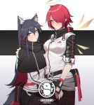  2girls animal_ear_fluff animal_ears arknights bangs belt black_belt black_capelet black_hair black_legwear breasts capelet commentary exusiai_(arknights) food food_in_mouth hair_over_one_eye halo hanenosaki high_collar highres jacket long_hair long_sleeves looking_at_viewer mouth_hold multiple_girls pantyhose penguin_logistics_logo pocky raglan_sleeves redhead short_hair short_sleeves small_breasts smile symbol_commentary texas_(arknights) very_long_hair white_jacket wolf_ears yellow_eyes 