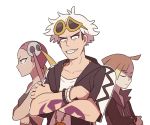  1girl 2boys bare_arms blonde_hair closed_eyes closed_mouth commentary_request crossed_arms eyewear_on_head gladion_(pokemon) grey_eyes guzma_(pokemon) korean_commentary long_sleeves multicolored_hair multiple_boys pink_hair plumeria_(pokemon) pokemon pokemon_(game) pokemon_sm short_sleeves smile ssalbulre sunglasses tattoo team_skull teeth two-tone_hair white_hair 