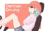  1girl alpholo_v barefoot casual crossed_arms driving earrings english_text feather_earrings feathers gradient_hair hololive hololive_english jewelry multicolored_hair musical_note orange_hair shorts sitting skull solo steering_wheel sunglasses takanashi_kiara virtual_youtuber 