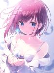  1girl absurdres arimura_romi bare_shoulders blue_eyes bra breasts einstein_yori_ai_wo_komete feathers highres holding kimishima_ao labcoat long_sleeves looking_at_viewer redhead robot short_hair simple_background small_breasts smile solo underwear white_bra 
