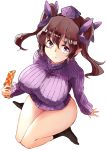  1girl bangs breasts brown_hair cellphone checkered checkered_pattern deetamu hat highres himekaidou_hatate large_breasts looking_at_viewer no_pants phone pointy_ears purple_sweater short_hair socks solo sweater touhou twintails 