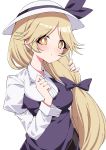  1girl blonde_hair bow eyebrows_visible_through_hair hair_bow hat highres long_hair long_sleeves looking_at_viewer purple_bow simple_background solo touhou tsukimirin watatsuki_no_toyohime white_background white_headwear yellow_eyes 