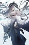  1girl absurdres chain earrings floating floating_hair grey_eyes highres holding holding_staff jewelry lm7_(op-center) looking_up original solo staff thigh_strap white_hair 
