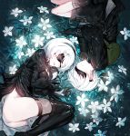  1boy 1girl bag black_blindfold black_footwear black_gloves black_hairband black_shorts blindfold cleavage_cutout closed_mouth clothing_cutout curled_up feather-trimmed_sleeves feather_trim flower gloves glowing glowing_flower green_bag hairband lunar_tear lying mura_karuki nier_(series) nier_automata on_side open_mouth puffy_sleeves short_hair shorts white_flower white_hair yorha_no._2_type_b yorha_no._9_type_s 