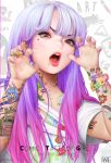 1girl absurdres artist_name artmong bangs chromatic_aberration claw_pose english_commentary english_text grey_eyes highres looking_at_viewer open_mouth original photoshop_(medium) solo tattoo v-shaped_eyebrows violet_eyes 