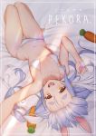  1girl absurdres animal_ears bare_shoulders bed bikini blue_hair braid breasts carrot_hair_ornament character_name collarbone commentary food_themed_hair_ornament hair_ornament highres hololive knees_up looking_at_viewer lying micro_bikini multicolored_hair navel on_back on_bed open_mouth orange_eyes rabbit_ears small_breasts smile solo sseli stomach streaked_hair swimsuit symbol-shaped_pupils thick_eyebrows twin_braids twintails upside-down usada_pekora white_bikini white_hair 