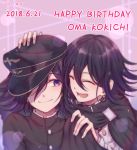  2boys black_cape black_hair black_headwear black_jacket cape character_name closed_eyes commentary_request dangan_ronpa dated dual_persona english_text ewa_(seraphhuiyu) hair_over_one_eye hand_on_another&#039;s_head happy_birthday hat jacket long_sleeves looking_at_another lower_teeth male_focus medium_hair multicolored_hair multiple_boys new_dangan_ronpa_v3 open_mouth ouma_kokichi purple_hair sideways_glance smile straitjacket two-tone_hair upper_body white_jacket 