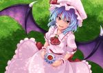  1girl ashiroku_(miracle_hinacle) bat_wings blue_hair brooch commentary cravat cup dappled_sunlight day fangs from_above grass hat hat_ribbon holding holding_saucer jewelry looking_at_viewer looking_up mob_cap on_grass open_mouth outdoors pink_headwear pink_shirt pink_skirt puffy_short_sleeves puffy_sleeves red_eyes red_neckwear remilia_scarlet ribbon saucer shade shirt short_hair short_sleeves skirt slit_pupils solo standing sunlight teacup touhou wings wrist_cuffs 