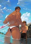  2boys ass back bara blue_eyes blue_sky blush blush_stickers brown_hair closed_mouth clouds dainyuu_(dgls) dark_skin dark_skinned_male day innertube looking_at_another looking_away male_focus male_swimwear multiple_boys muscle original sky smile swim_briefs swim_trunks swimwear thick_eyebrows thick_thighs thighs water 