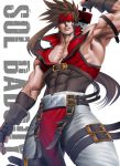  1boy arm_up bara bare_shoulders brown_hair chest cleavage_cutout clothing_cutout covered_abs feet_out_of_frame fingerless_gloves gloves guilty_gear harness headband long_hair looking_at_viewer male_focus muscle pelvic_curtain ponytail red_headband sheath sinichi_okazaki sleeveless sol_badguy solo spiky_hair sword sword_behind_back thick_thighs thighs tight unsheathing weapon 