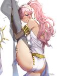  1girl absurdres armlet ass back blush breasts dancer embarrassed fire_emblem fire_emblem_awakening fire_emblem_heroes flexible hairband highres jewelry leg_grab leg_lift leg_up leotard looking_at_viewer medium_breasts nose_blush olivia_(fire_emblem) pink_hair ponytail ritence simple_background solo split standing standing_on_one_leg standing_split stretch sweat thighs violet_eyes wavy_mouth white_background white_leotard 
