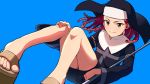  1girl agnese_sanctis blue_background braid brown_eyes closed_mouth commentary_request floating_hair habit light_smile long_hair looking_at_viewer nun redhead robe sandals sayshownen simple_background solo to_aru_majutsu_no_index toes 