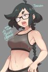  1girl 2020 agawa_ryou artist_name bare_shoulders black-framed_eyewear black_hair braid breasts dated fang grey_background long_hair medium_breasts midriff navel open_mouth original signature simple_background solo thick_eyebrows very_long_hair 