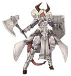  1girl absurdres armor axe belt_pouch blonde_hair breastplate demon_girl demon_horns demon_tail english_commentary fantasy full_body gauntlets highres holding holding_shield holding_weapon hooves horns looking_to_the_side open_mouth original pelvic_curtain plate_armor pouch red_skin shield shoulder_armor solo standing subakeye tail upper_teeth waist_cape weapon white_background yellow_eyes 