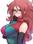  1girl android_21 black-framed_eyewear blue_eyes checkered checkered_dress dragon_ball dragon_ball_fighterz dress earrings glasses hand_up hoop_earrings jewelry kemachiku long_hair looking_at_viewer redhead simple_background solo white_background 