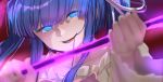  1girl blue_eyes choker frills furudo_erika glowing glowing_eyes hair_in_mouth hair_ornament highres holding holding_weapon purple_hair scythe sidelocks twintails umineko_no_naku_koro_ni usuaji weapon 