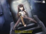  1girl artist_name black_footwear bluethebone boots brown_hair cola commentary grey_eyes jacket long_hair makise_kurisu necktie pantyhose shirt sitting solo spread_legs steins;gate subtitled watermark white_shirt 