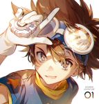  1boy bangs brown_eyes brown_hair copyright_name digimon digimon_adventure ekita_xuan gloves goggles goggles_on_head hair_over_one_eye hand_up headband light_particles looking_at_viewer male_focus number portrait reflection shading_eyes shirt short_sleeves simple_background smile solo spiky_hair star_(symbol) symbol-shaped_pupils t-shirt turtleneck wargreymon white_background white_gloves yagami_taichi 