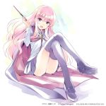  :d blue_cape blue_legwear blue_skirt cape fang holding holding_wand louise_francoise_le_blanc_de_la_valliere mary_janes official_art open_mouth pink_eyes pink_hair shirt shoes signature simple_background sitting skirt smile thigh-highs thighs usatsuka_eiji wand white_shirt zero_no_tsukaima 