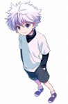  1boy black_shirt black_shorts blue_eyes closed_mouth commentary_request eyebrows_visible_through_hair full_body hair_between_eyes hands_in_pockets hunter_x_hunter killua_zoldyck light_purple_hair long_sleeves looking_at_viewer male_focus messy_hair purple_footwear sayshownen shirt shoes short_hair shorts simple_background smile solo spiky_hair standing t-shirt turtleneck twitter_username watermark white_background white_shirt 
