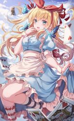  1girl alice_in_wonderland apron blonde_hair blue_dress blue_eyes blush bow breasts curtsey dress dress_lift hair_bow hair_ribbon hairband highres icebox46 long_hair looking_at_viewer medium_breasts open_mouth original pinafore_dress ribbon skirt skirt_lift socks solo standing standing_on_one_leg thighs twintails 