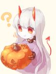  1girl :t ? bracelet closed_mouth dress eating eye_(okame_nin) highres holding horns jack-o&#039;-lantern jewelry okame_nin original pink_dress red_eyes simple_background solo spiked_bracelet spikes white_background white_hair white_skin 