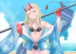  1girl bare_shoulders beach bikini black_bikini blue_kimono breasts commentary_request facial_mark fate/grand_order fate_(series) fingernails floral_print forehead_mark grin highres holding holding_weapon horns ibaraki_douji_(fate/grand_order) ibaraki_douji_(swimsuit_lancer)_(fate) japanese_clothes kimono long_hair looking_at_viewer navel ocean oni oni_horns outdoors platinum_blonde_hair pointy_ears sand sharp_fingernails small_breasts smile solo swimsuit tattoo teeth weapon yellow_eyes yoki_(yo_kyo) 