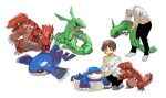  1boy alternate_size black_pants brown_hair commentary_request gen_3_pokemon grey_legwear groudon holding holding_pokemon kyogre legendary_pokemon long_sleeves looking_down newo_(shinra-p) open_mouth pants pokemon pokemon_(creature) rayquaza shirt short_hair socks sweatdrop washtub white_background 