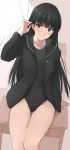  1girl amagami ayatsuji_tsukasa bangs black_hair black_jacket blush bow brown_eyes closed_mouth commentary_request desk eyebrows_visible_through_hair grey_skirt hair_tucking hand_up indoors jacket long_hair long_sleeves looking_at_viewer mobu on_desk one-piece_swimsuit open_clothes open_jacket school_desk sitting sitting_on_desk skirt smile solo swimsuit swimsuit_under_clothes very_long_hair window 