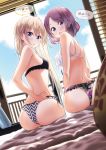  2girls ass back bangs bare_arms bare_shoulders bikini bikini_top black_bikini blonde_hair blue_eyes blue_sky blush breasts character_name day eyebrows_visible_through_hair frilled_bikini frills hand_on_hip highres indoors long_hair looking_at_viewer looking_back medium_breasts multiple_girls new_game! official_art on_bed open_mouth purple_eyes purple_hair short_hair side-by-side sitting sky small_breasts speech_bubble swimsuit tokunou_shoutarou tooyama_rin white_bikini yagami_kou 