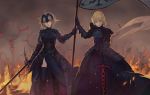  2girls absurdres ahoge armor armored_dress artoria_pendragon_(all) black_armor black_legwear blonde_hair braid breastplate dress embers fate/grand_order fate/stay_night fate_(series) fire flag gauntlets highres holding holding_flag holding_sword holding_weapon jeanne_d&#039;arc_(alter)_(fate) jeanne_d&#039;arc_(fate)_(all) multiple_girls ne.corn outdoors parted_lips pauldrons planted planted_axe planted_sword planted_weapon saber_alter scabbard sheath short_hair shoulder_armor smile smoke sword teeth unsheathed upper_teeth vambraces weapon yellow_eyes 