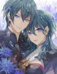  1boy 1girl bangs black_jacket blue_eyes blue_flower byleth_(fire_emblem) byleth_eisner_(female) byleth_eisner_(male) closed_mouth commentary_request eyebrows_visible_through_hair fire_emblem fire_emblem:_three_houses flower green_hair hair_between_eyes highres jacket long_hair looking_at_viewer matsurika_youko parted_lips petals smile upper_body 