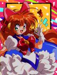  1990s_(style) 1girl ahoge animal_ears bell bow fake_animal_ears green_eyes hair_bell hair_ornament highres looking_to_the_side mitsukoshi_sakura money_idol_exchanger ok_sign open_mouth orange_hair potiri02 red_bow smile solo 