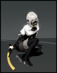  1girl ascot black_footwear black_neckwear bob_cut boots bright_pupils brown_legwear gogalking grey_hair highres holding holding_sword holding_weapon long_sleeves looking_at_viewer mask mouth_mask original pantyhose shirt short_hair sitting solo sword thigh-highs thigh_boots underbust weapon white_hair white_shirt yellow_eyes 