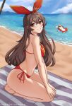 1girl :d amber_(genshin_impact) bare_arms bare_shoulders barefoot baron_bunny_(genshin_impact) beach bikini blue_sky blush breasts cawfield commentary_request cute day feet genshin_impact goggles hair_ribbon halterneck highres kneeling long_hair looking_at_viewer mihoyo_technology_(shanghai)_co._ltd. ocean open_mouth outdoors patreon_username red_bikini red_ribbon revision ribbon side-tie_bikini sky smile soles solo summer swimsuit toes yellow_eyes 