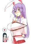  animal_ears bdsm black_hair blush bondage bound bound_wrists breasts bubble_tea_challenge cup deetamu disposable_cup drink drinking drinking_straw embarrassed heart highres houraisan_kaguya imperishable_night large_breasts moon_rabbit object_on_breast purple_hair rabbit_ears red_eyes reisen_udongein_inaba rope shirt thumbs_up tied_up touhou white_shirt 