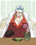  1boy bamboo black_hair brown_gloves chest coat cup facial_hair formal gloves hat kokorozashi leaf looking_down male_focus mug muscle one_piece plate red_suit sakazuki_(akainu) scar short_hair sketch solo suit table tattoo upper_body 